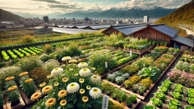 菊芋を植えてはいけない理由を説明する画像。自然な庭や畑の背景に菊芋の花と根が描かれており、地下で広がる強い繁殖力が視覚的に示されている。日本人が家庭菜園を楽しむ様子も含まれている。