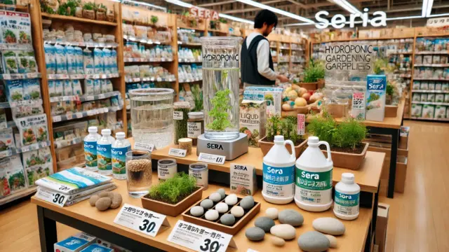 100均セリアで購入できる水耕栽培グッズのディスプレイ。ガラス容器、プラスチックポット、液体肥料、装飾用の小石などが並び、日本人が商品を選んでいる様子。