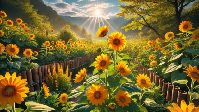 Helianthus tuberosus（菊芋）の繁殖力を示す画像。畑の断面図に地下で複雑に広がる根が描かれ、地上には黄色い花が咲いている。日本人が菊芋の成長を観察している様子も含まれている。