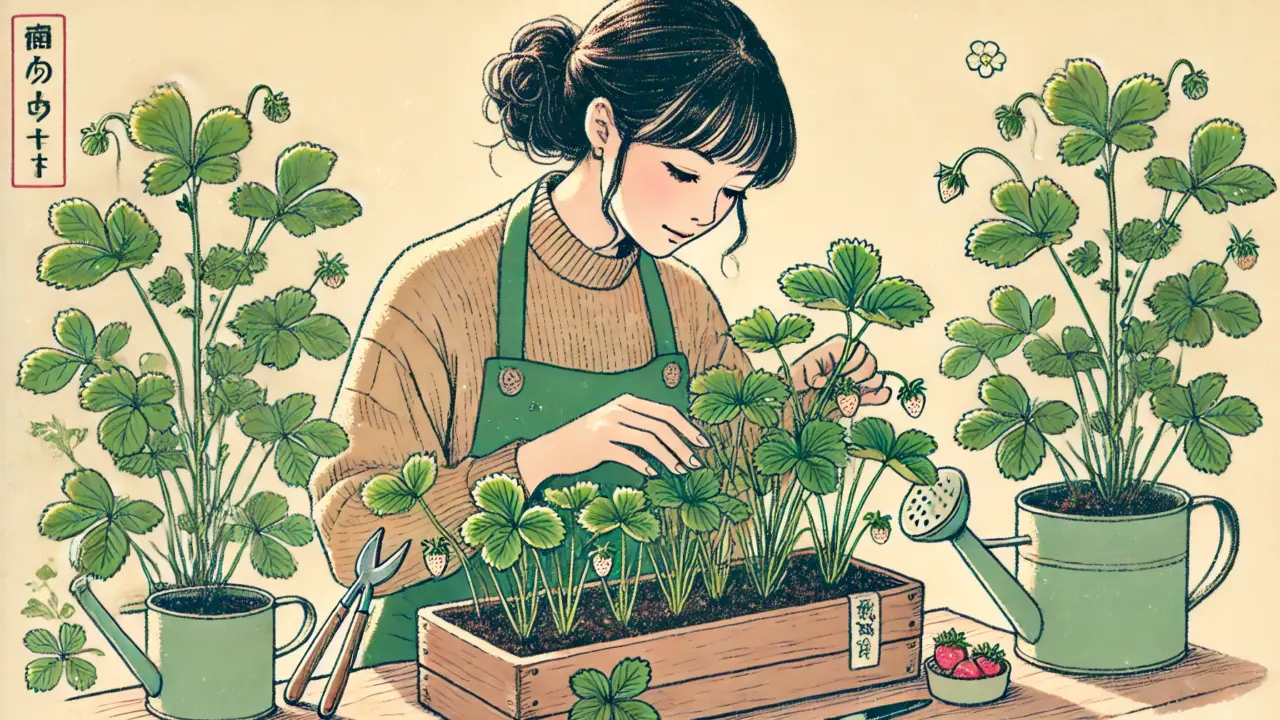 プランターに植えられたイチゴの株と、手入れをしている日本人女性。ランナーが伸びて子株が育っている様子や、プランター周りにガーデニング道具が置かれたイラスト。女性はエプロンをして、優しくイチゴを見守っている。