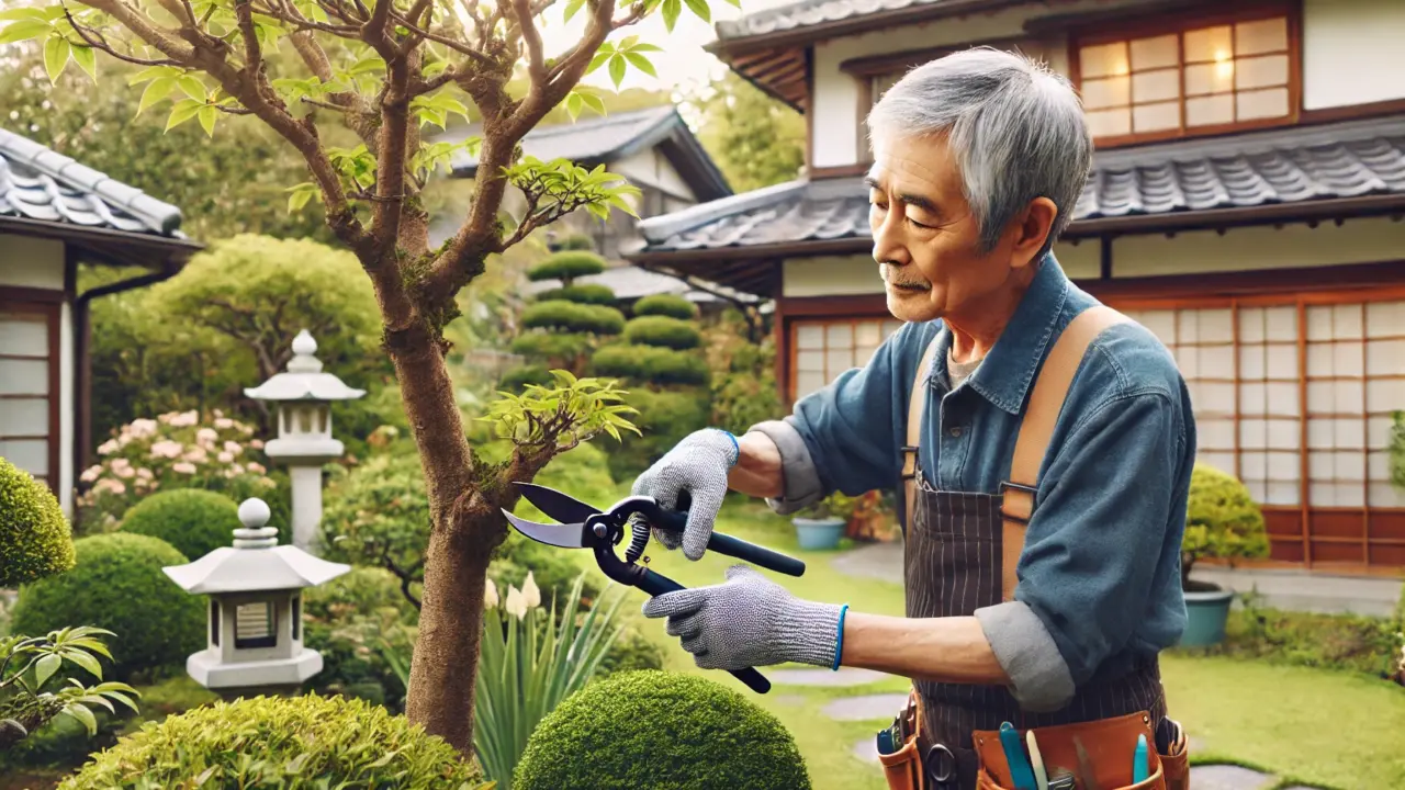 日本人のシニア庭師が、剪定バサミを使って丁寧に木を剪定している様子。背景には手入れの行き届いた庭と日本の伝統的な家が見える。