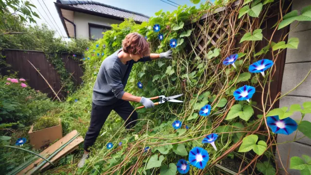 日本人の男女のうち一人が、庭で繁殖しすぎた琉球朝顔のツルを剪定バサミで切っている。ツルはフェンスや他の植物に絡みつき、庭全体を覆い尽くしている。青や紫の花が咲く一方で、背景には密集した葉や取り除かれた植物があり、駆除の難しさが伝わる風景。