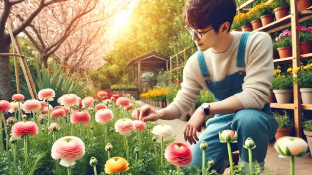 現代的なカジュアルな服装を着た日本人の庭師が、満開のラナンキュラスの花を育てている様子。リラックスした雰囲気の中で、花の美しさを楽しみながら手入れをしている。