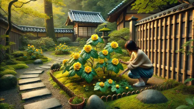 初秋の日本庭園で咲く黄色いツワブキと、それを手入れするカジュアルな服装の日本人女性の様子