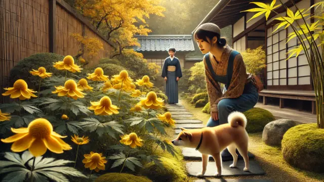 日本の秋の庭園で、ツワブキの黄色い花のそばを嗅ぐ柴犬と、心配そうに見守る現代的な服装の日本人女性の様子