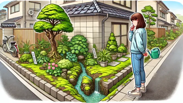 湿気が多く日当たりの悪い日本の庭で、ツワブキを植えるのに不適な場所を調査する女性の様子
