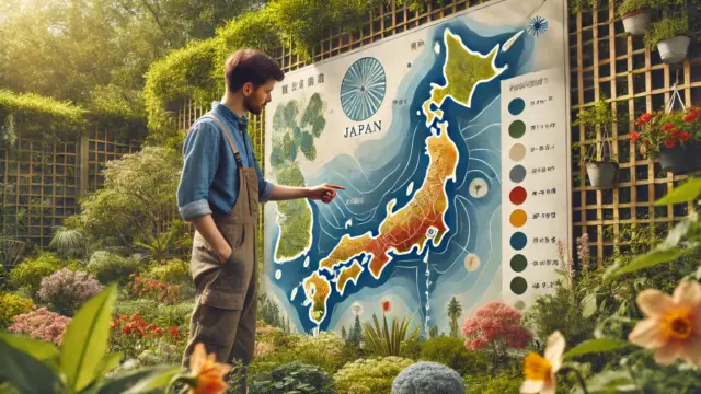 現代的な服装を着た日本人のガーデナーが、日本の気候区分が示された地図を眺めながら植物の育て方を考えている様子。庭園の背景が広がり、地域ごとの栽培の違いを表現している。