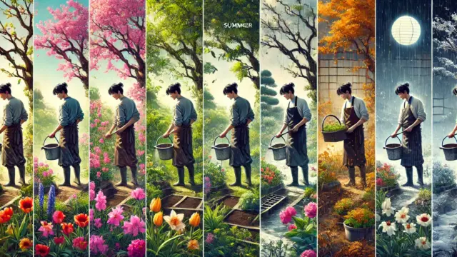 現代的なカジュアルな服を着た日本人の庭師が、季節ごとに変化する花壇を管理している様子。春には花が満開、夏は青々とした葉、秋には落ち葉が舞い、冬は休眠中の植物を手入れする場面が描かれている。