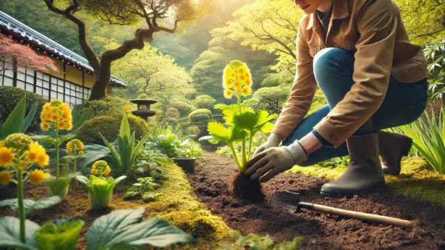 春の日本庭園で、現代的な服装をした人物が黄色いツワブキを丁寧に植え替えている様子