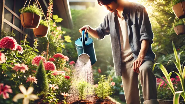 日本人の庭師が、モダンなカジュアルウェアを着て花壇に水やりをしている。ジョウロを使い、植物に適切な水分を与えている様子。明るい日差しの中、緑豊かな庭と色とりどりの花が映えている。