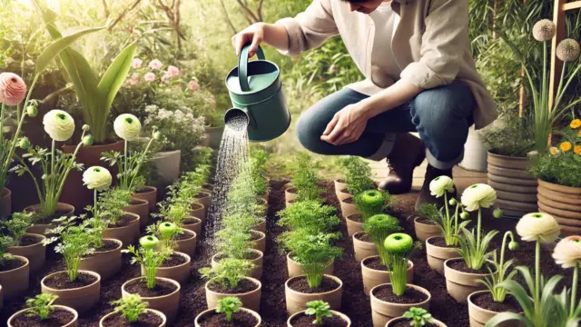 鉢植えと地植えのラナンキュラスを手入れする日本人のガーデナー。庭の中で、鉢に植えたラナンキュラスと地植えのラナンキュラスを比較しながら水やりをしている。