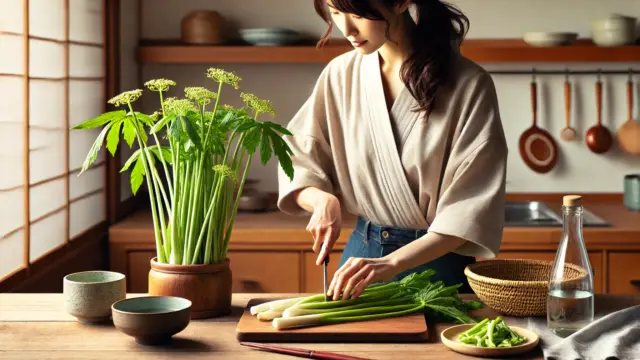 木のカウンターでツワブキの茎を下処理している日本人女性の調理風景