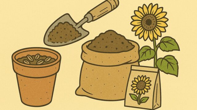ひまわりの種まきに使用する土や道具、鉢植えと開花したひまわりを並べたシンプルなイラスト