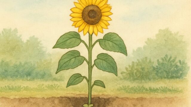 土に植えられたひまわりの苗が太陽に向かってまっすぐ育つ様子を描いたシンプルなイラスト