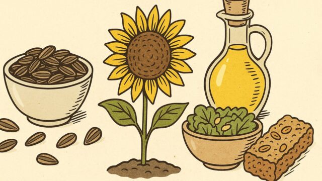ひまわりの花と食用活用例（種、サラダ、油、グラノーラ）を描いた手描き風のイラスト