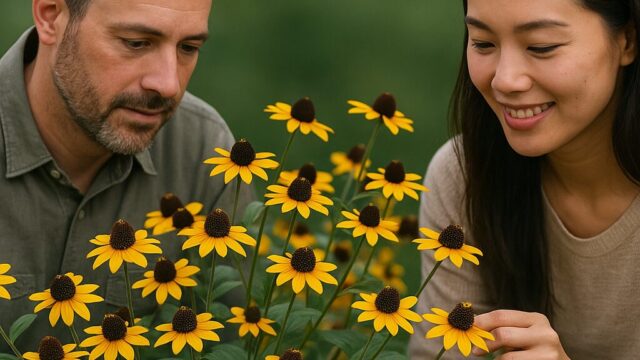 ルドベキア・タカオの花を、穏やかに観察している日本人女性と外国人男性。背景は緑の自然。黄色い花びらと黒い中心が特徴的な花々が広がっている。