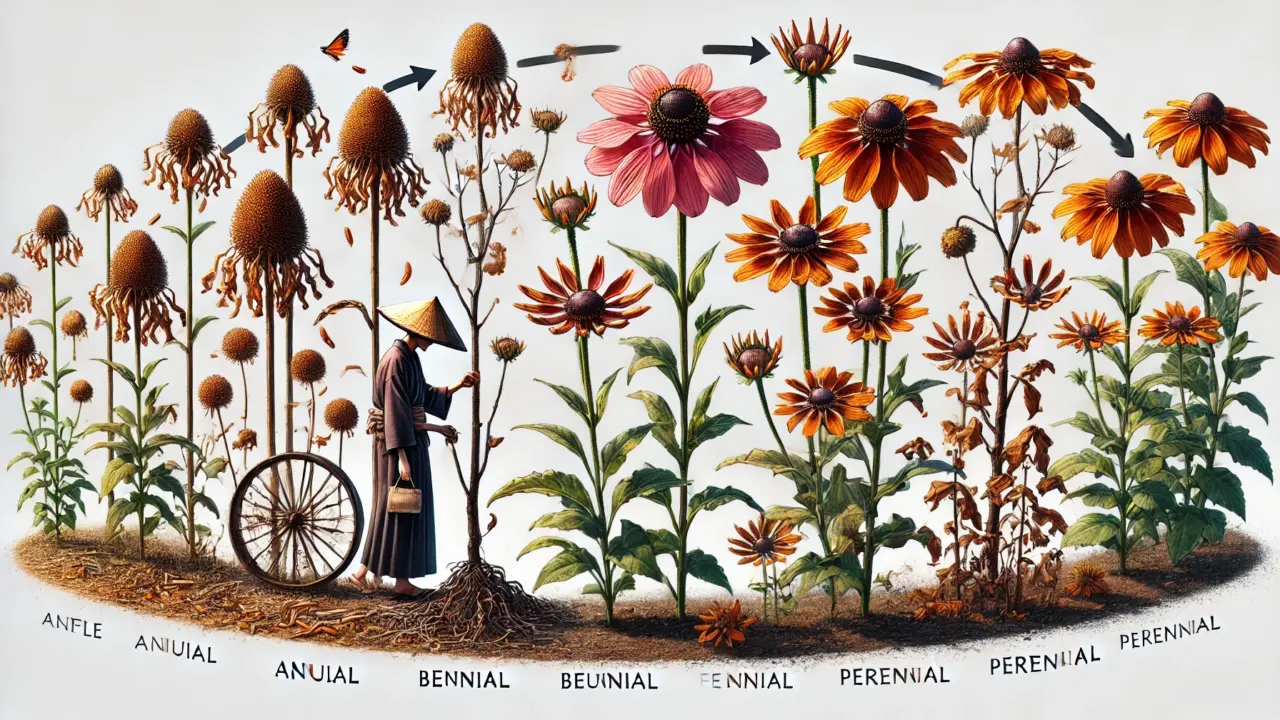 庭の中で、3つの季節のルドベキアの状態を表現した画像。左は満開の夏のルドベキア、中央は種を採取する人の手（日本人）、右は春に新芽を出した多年草のルドベキア。季節の流れを示す穏やかな雰囲気。