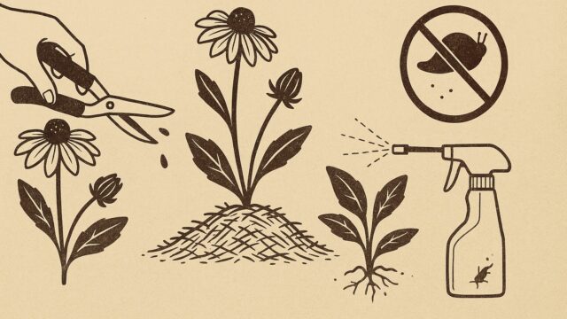 ベージュ背景に、冬越し対策を示すヴィンテージ調のイラスト。枯れた植物、藁を敷く手、窓辺に置かれた元気な鉢植えと雪の結晶が描かれており、シンプルな流れで冬越し作業を説明している。