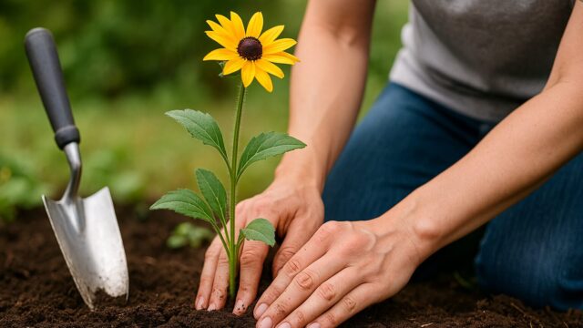 ルドベキアの若い苗を両手で丁寧に植え付ける様子。横には土に突き立てられた園芸用スコップがある。