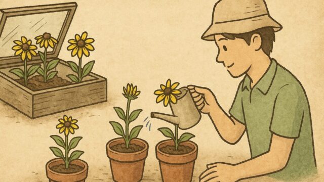 挿し芽後のルドベキアを手入れしているガーデナーと元気に育つ植物の様子