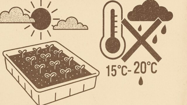 ベージュ背景に、育苗トレーに並んだ発芽直後の双葉と、気温計、天気（晴れと雨）を示すイラストが描かれたヴィンテージ調のシンプルな図。気温15〜20℃が強調され、悪天候には注意のマークが付いている。