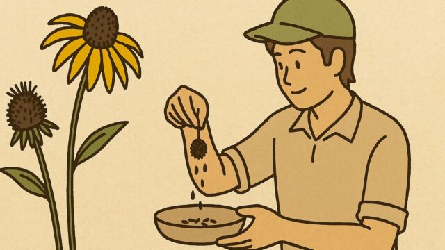 ルドベキアの花から種を採取する男性ガーデナーのイラスト