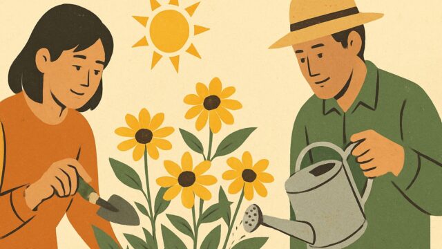 ベージュの背景に、ルドベキア・タカオの花を育てる日本人男女が描かれた、シンプルなヴィンテージ風イラスト。女性はスコップを持って土を掘り、男性はじょうろで水を与えている。