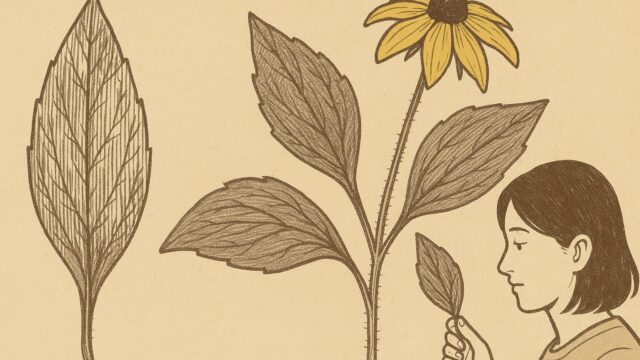 ベージュ背景に、ルドベキア・タカオの葉の特徴を表現したヴィンテージ調のイラスト。葉脈がはっきりした細長い葉と、花と茎の詳細な描写、葉を手に取って観察する女性がシンプルに描かれている。