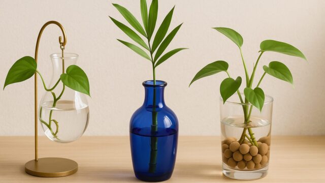 木のテーブルの上に、ガラス容器に挿した観葉植物3種（吊り下げ式ポトス、青い花瓶に入ったラッキーバンブー、ハイドロボール入りの透明容器のポトス）が並ぶシンプルな室内風景。