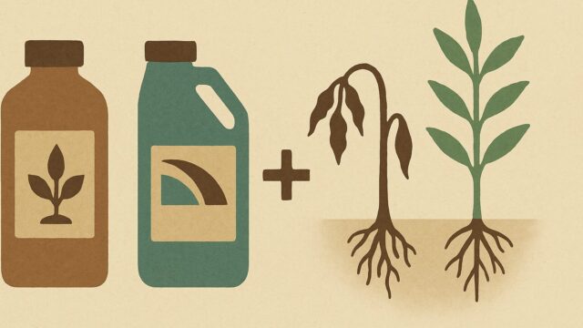 ベージュ背景に茶色と青の除草剤容器が並び、その右側には「＋」記号と共に、片方が枯れた植物、もう片方が健康な植物が描かれている。根も表現され、薬剤の浸透効果が示されている。