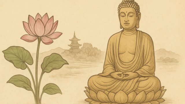 ベージュの背景の中に、ピンク色の蓮華の花が左に咲き、右には蓮華座に座る金色の仏像が穏やかな表情で描かれている。背景には遠くに寺院の塔が霞むように見え、全体的に水彩風の静かな雰囲気を持つ構図。