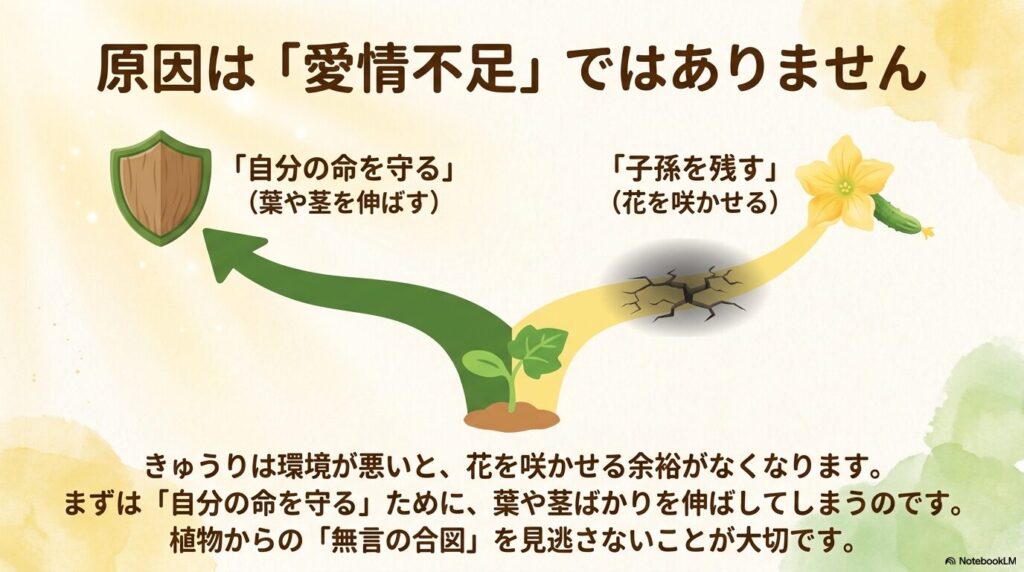 きゅうりの花が咲かない原因は愛情不足ではなく、植物の「自分の命を守る」という生存本能によるものだという解説。