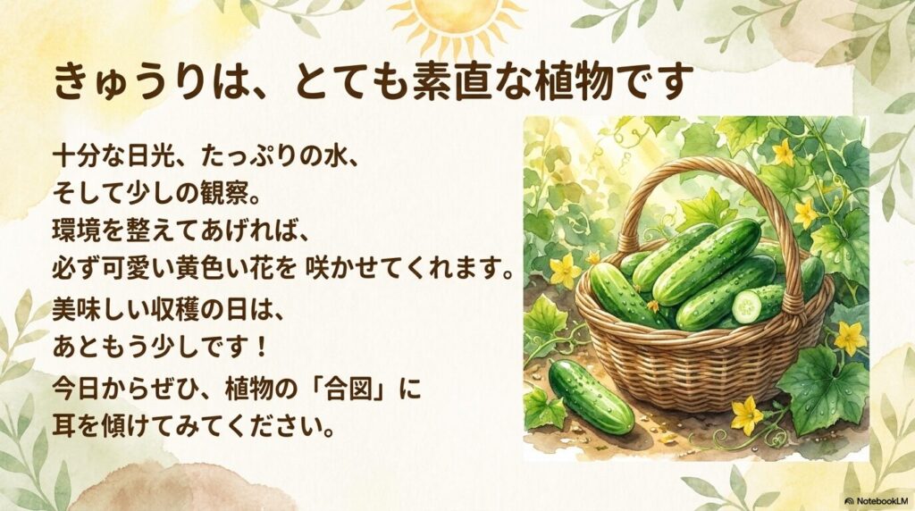 きゅうりは素直な植物。日光、水、観察という環境を整えることで必ず花を咲かせてくれるという応援メッセージ