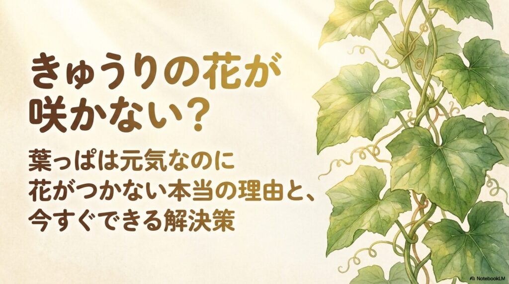 きゅうりの花が咲かない理由と解決策を解説するガイドの表紙。葉っぱは元気なのに花がつかない悩みについて。