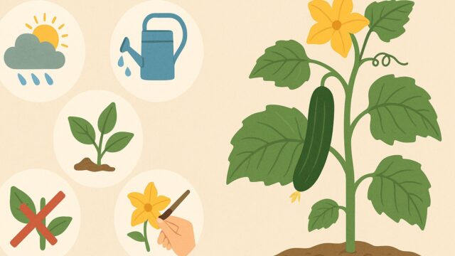 きゅうりの花が咲かない原因と対策を示すイラスト。右側に健康なきゅうりの植物、左側に日照・水やり・肥料・風通し・受粉に関する問題と対応のアイコンが配置されている