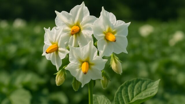 じゃがいもの茎に咲く白く可憐な花と緑の葉が鮮明に写るアップ写真