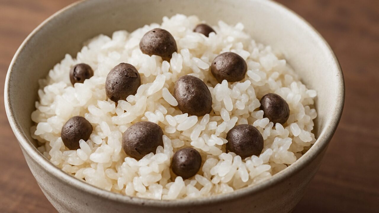 茶色いむかごが白ご飯の上に点在する、素朴な和風のむかごご飯のクローズアップ写真