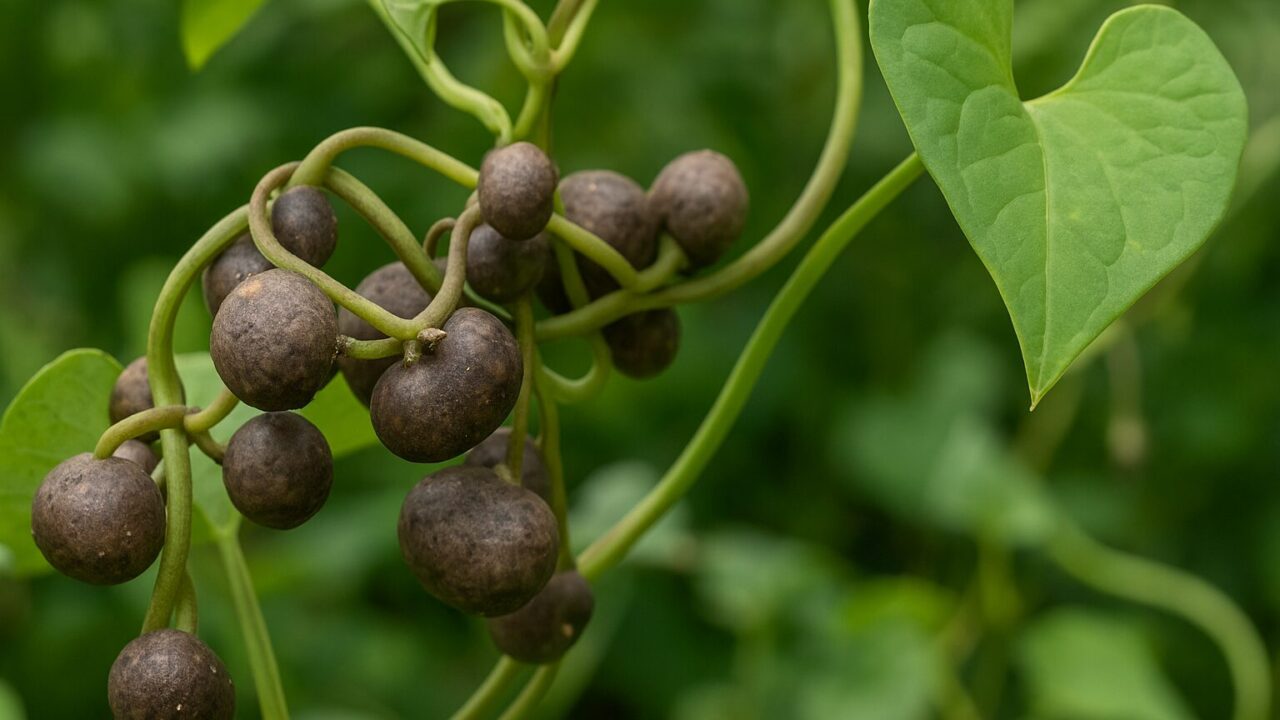 緑の葉に囲まれたつる性植物の茎に、小さな球状のむかごが複数ぶら下がっている様子。葉はハート型で、むかごは濃い茶色。