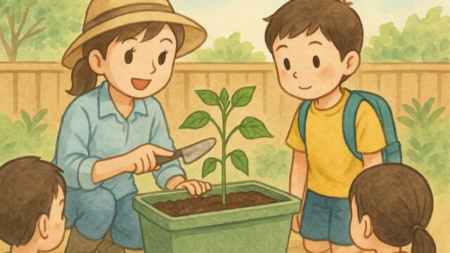 小学生と教師が一緒にオクラの苗をプランターに植えている様子のイラスト