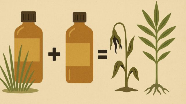 ベージュ背景に2本の茶色い薬剤ボトルが左側に描かれ、それらの間に「＋」記号、さらに右に枯れた植物と根が描かれた健康な植物が並んでいる。薬剤の混合とそれによる効果を示す構成。