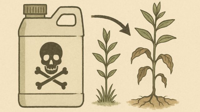 ベージュの背景に、左側にはグリホサート系薬剤の容器、中央には健康な緑の植物、右には葉が枯れ始めた同じ植物が描かれている。容器から植物への影響を示すように矢印が配置されている。