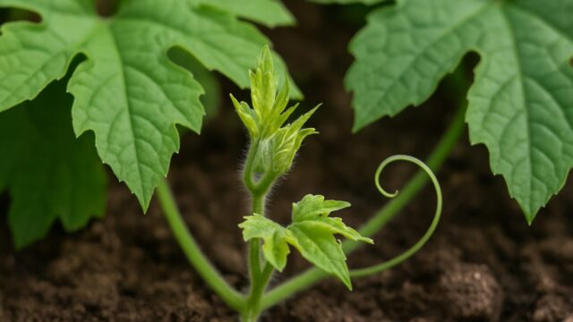 ゴーヤの若い新芽が湿った土壌の中で育ち、明るい緑の葉と共に丁寧に写されている接写写真