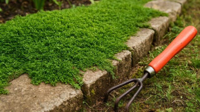 庭の石縁から広がるサギゴケと園芸用の手道具が並ぶ、明るい日差しの中のガーデンシーン