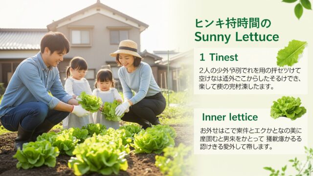 家庭でサニーレタスを収穫するタイミングとコツを示す日本人の家族の画像