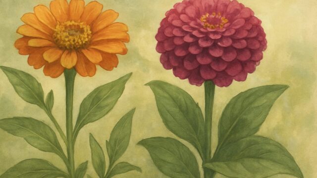 一輪のオレンジ色のジニアと、一輪の濃いピンク色の百日草が並んで咲いている植物画