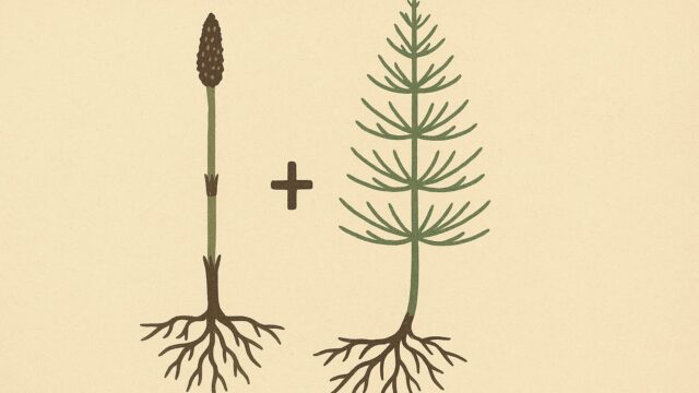 ベージュ背景に、左側に胞子茎（ツクシ）、右側に栄養茎（スギナ）の2本の植物が描かれており、どちらも地下に伸びた根が見える。中心にはそれらをつなぐようにプラス記号が配置されている。