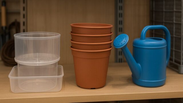 ホームセンターの棚に並ぶスプラウト栽培用品。透明のプラスチック容器、テラコッタカラーの植木鉢、青いジョウロが整理されている。