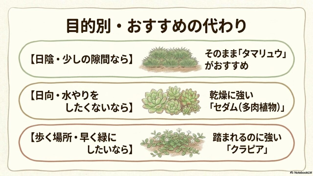 タマリュウの代わりになるおすすめのグランドカバー(セダム、クラピアなど)とオカワカメの注意点