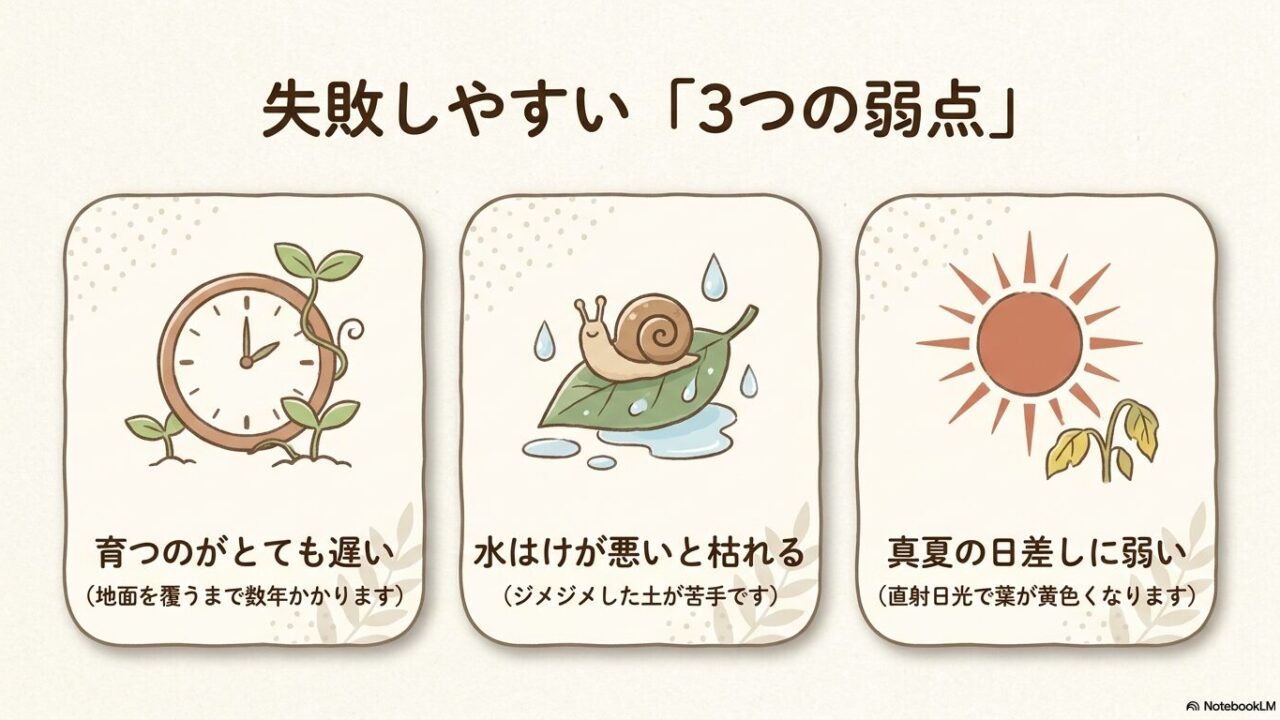 タマリュウのデメリット(生育の遅さ・過湿への弱さ・雑草予防の限界)