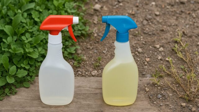 2本のプラスチック製スプレーボトルが並び、左側は青々とした雑草が茂るエリア、右側は枯れた植物のある乾いた土壌が広がっている